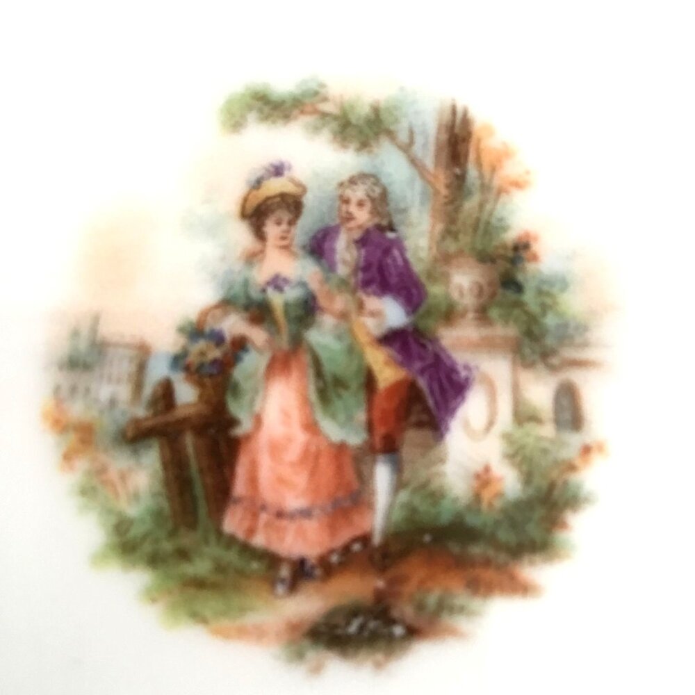 VTG (2) German Porcelain Reticulated Lattice Trinket Dish Romantic Scene Floral
